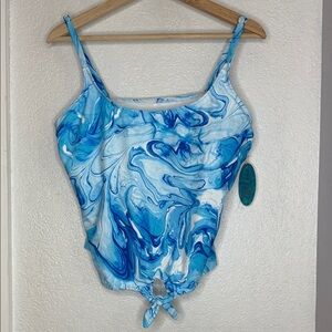 New Mynah Blue White Swirl Marble Tankini Swim Top XL